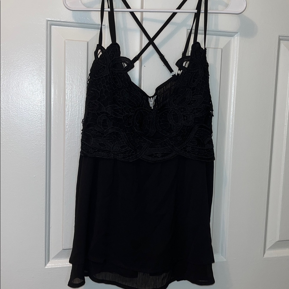 NWT Faeger Black Sleeveless Baby Doll Blouse Black Crochet Lace Size XL
